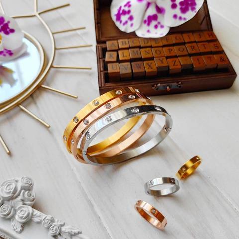 Luxury Bijoux Pulseira Feminina Bangle Ring Set Stainless Steel Jewelry fit Lover female Crystal Bracelets Rings Fashion Women ► Photo 1/6