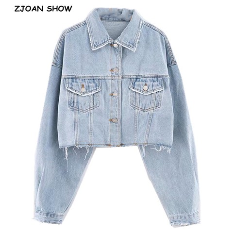 2022 Autumn Drop Shoulder Loose Short Denim Jacket Vintage Women Lapel Pockets Single Breasted Draped Jean Coat Cool Outerwear ► Photo 1/6