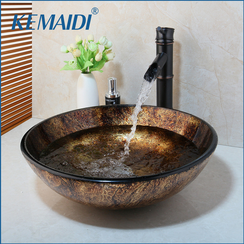 KEMAIDI New Soild Brass Oil Bamboo Black Faucet +Ross Brand 2015 Washbasin Lavatory Glass Sink Bath  Combine Tap Mixer Faucet ► Photo 1/6