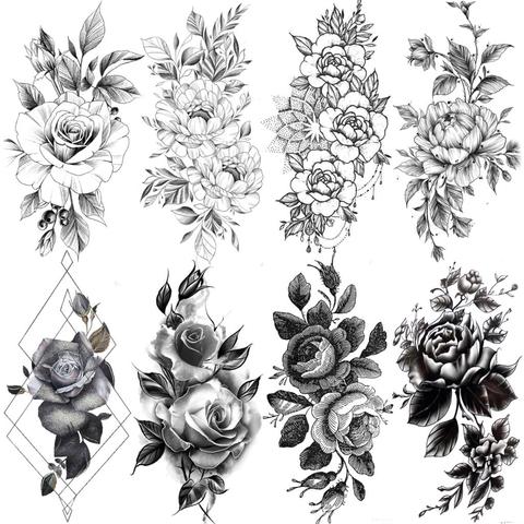 Realistic Black Rose Flower Temporary Tattoos Fake Waterproof Tatoo Body Art Arm Leg Floral Peony Bloosom Tattoo Stickers Makeup ► Photo 1/6