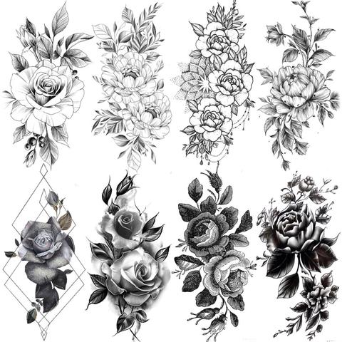 Realistic Black Rose Flower Temporary Tattoos Fake Waterproof Tatoo Body Art Arm Leg Floral Peony Bloosom Tattoo Stickers Makeup ► Photo 1/6