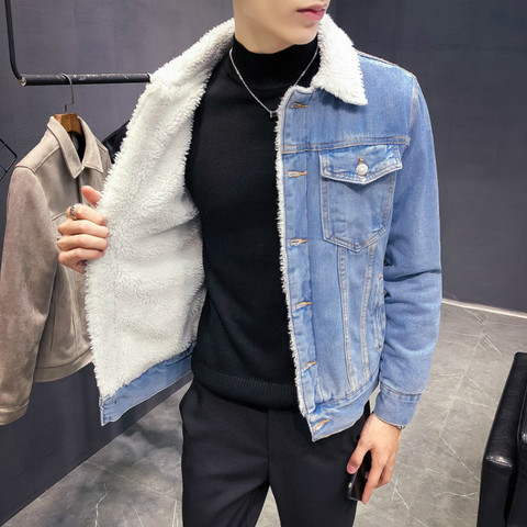 2022 New Winter's Men's Fashion Fleece Thick Pure Color Casual Denim Jacket Male Cotton Slim Vintage Jackets Men Coats ► Photo 1/6