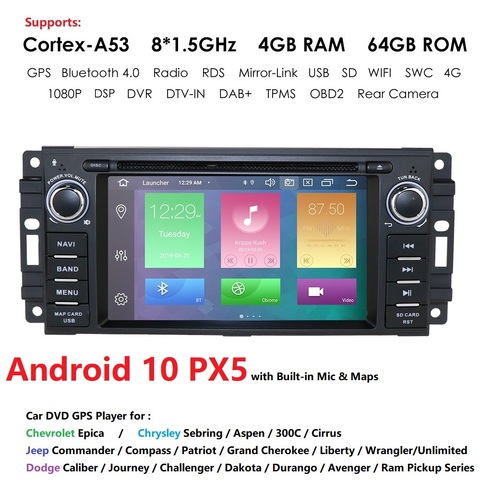 8Core 4G+64G Android10 Car DVD for Jeep Cherokee 2009 2008 2010 Wrangler car stereo for Dodge radio for Chrysler ► Photo 1/6