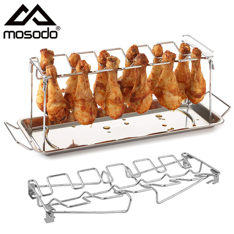 BBQ Beef Chicken Leg Wing Grill Rack 14 Slots Stainless Steel Barbecue Drumsticks Holder Smoker Oven Roaster Stand with Drip Pan ► Photo 1/6