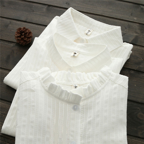 100% Cotton Office Lady White Shirts Ruffles All Match Buttoming Button 2022 Summer Striped Female Women Shirts Outwears Tops ► Photo 1/6