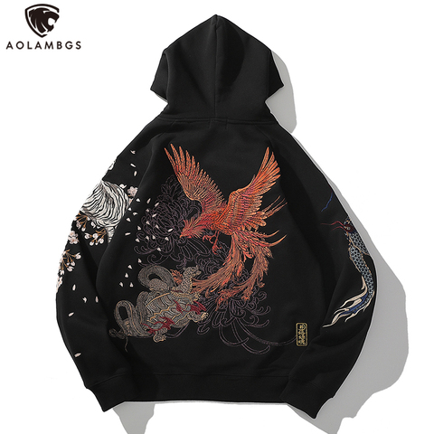 Aolamegs Men's Autumn Fleece Hoodies Japanese Embroidery Hooded Sweatshirts Dragon Phoenix Vintage Totems Pullover Streetwear ► Photo 1/6