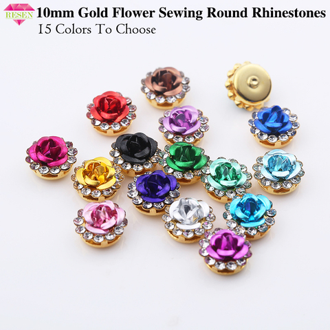 RESEN 100PCS 10mm Mix Colors Fancy Sewing Round Rhinestones Glass Crystal Flower Shape Sew on Rhinestone For Wedding Decoration ► Photo 1/6