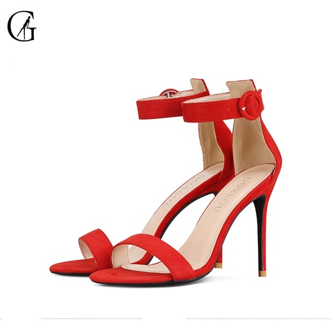 GOXEOU Women's Sandals Flock Ankle Strap Buckle Round Toe Stiletto High Heels Party Sexy Fashion Office Lady Shoes Size 32-46 ► Photo 1/6