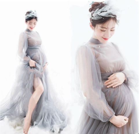 Sexy Long Maternity Photography Props Dresses Tulle Perspective Pregnancy Dress Mesh Maxi Gown For Pregnant Women Photo Shooting ► Photo 1/4