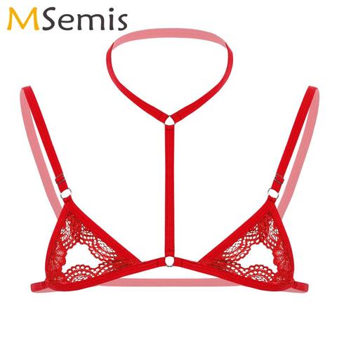 Mens Sheer Lace Lingerie Halter Adjustable Spaghetti Straps Bra Sissy Erotic Open Nipples Bralette Gay Wire-free Unlined Bra Top ► Photo 1/6