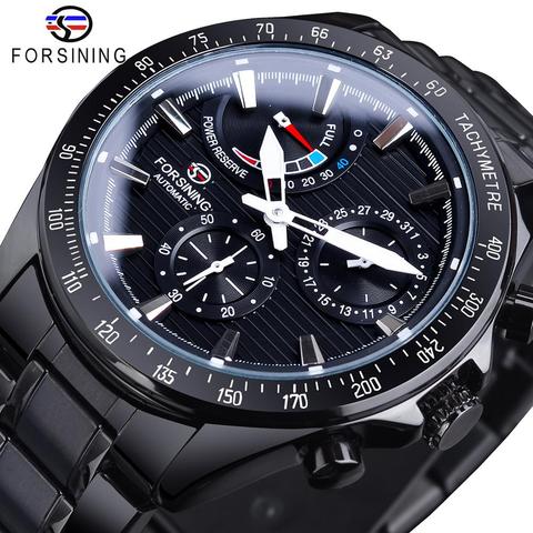 Forsining Fashion Power Reserve Design 30m Waterproof Date Clock Black Stainless Steel Luminous Hand Automatic Mechanical Watch ► Photo 1/6