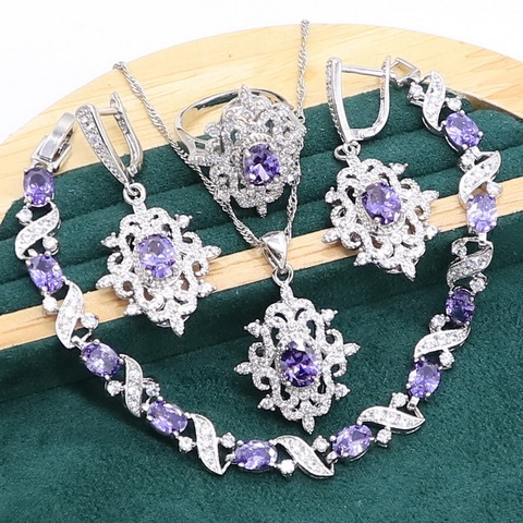 Purple Amethyst 925 Sterling Silver Jewelry set for Women Bracelet Earrings Necklace pendant Ring ► Photo 1/6