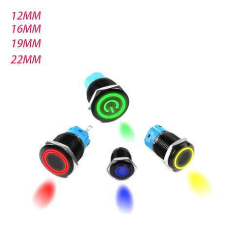 Black push button switch 12/16/19/22mm waterproof lighting led light glossy metal momentary switch with power mark 5v 12v 24v ► Photo 1/6