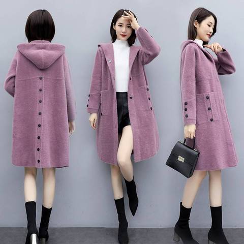 Women 2022 Autumn Winter Loose Casual Hooded Imitation Mink Cashmere Knit Long Cardigan Sweater Female Thicken Warm Sweater G548 ► Photo 1/6