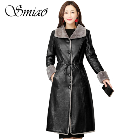 2022 Women Fur Leather Jacket Winter Autumn Plus Size 4XL Long Fur Leather Trench Coat Female Warm Soft  Slim Lamb Fur Outerwear ► Photo 1/6