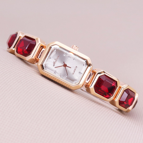 Luxury Melissa Lady Women's Watch Elegant Big Red Rhinestone Fashion Hours Bracelet Crystal Clock Girl's Birthday Gift Box ► Photo 1/6