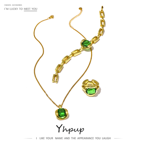 Yhpup Gold Stainless Steel Jewelry Set 2022 Necklace Ring Bracelet Fashion Green Glass Crystal Pendant Chain 18 K Necklace Gift ► Photo 1/6