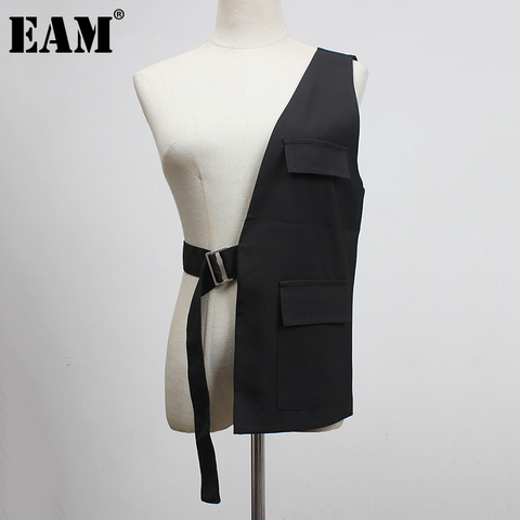 [EAM] Women Loose Fit Black One Side Buckle Split Joint Vest New V-collar Sleeveless   Fashion Tide Spring Autumn 2022 1Y958 ► Photo 1/6