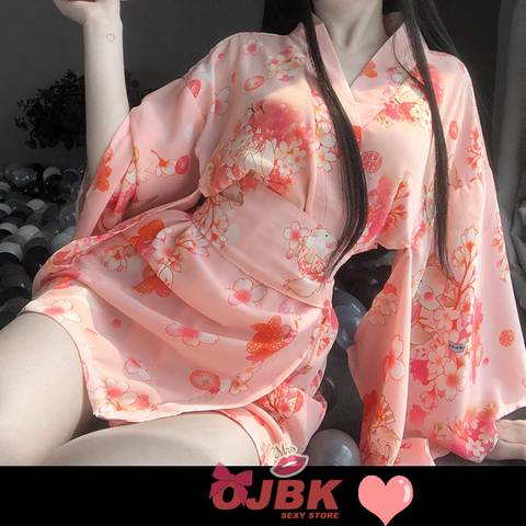 Japanese Kimono Sexy Cosplay Outfit for Women Traditional Style Robe Yukata Costumes Pajamas Soft Silk Belt 2pcs Set Pink Set ► Photo 1/6