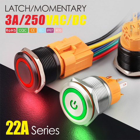 LANBOO 22mm 1NO1NC SPST 2NO2NC DPDT illuminated 12V24V220V metal push button switch ► Photo 1/5