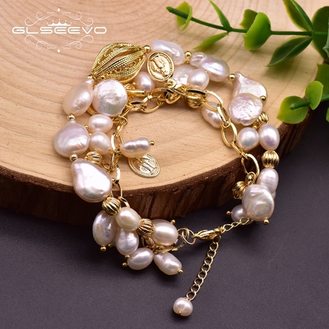 GLSEEVO Handmade Natural White Pearl 2 Layer Charm Bracelets For Women Girls Wedding Vintage Jewelry Fine Female Pulseras GB0218 ► Photo 1/5