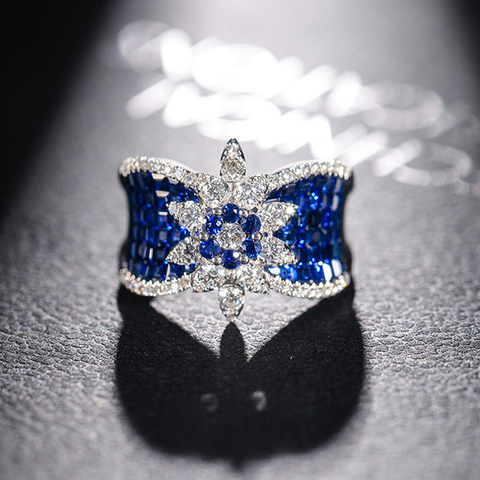 Fine Jewelry Geometric Fashion Flower Rings Inlay Blue White Cubic Zirconia Women's Charm Wedding Engagement Wear Accessories ► Photo 1/6