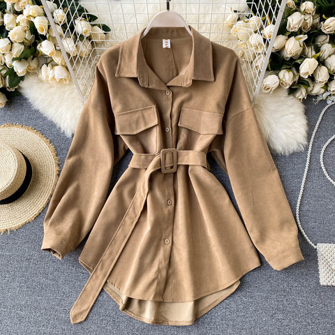 Women 2022 New Autumn Winter Shirts Retro Cargo Style Pockets Long-Sleeved Shirt Puff Sleeve Bandage Nipped Waist Tops Female ► Photo 1/5