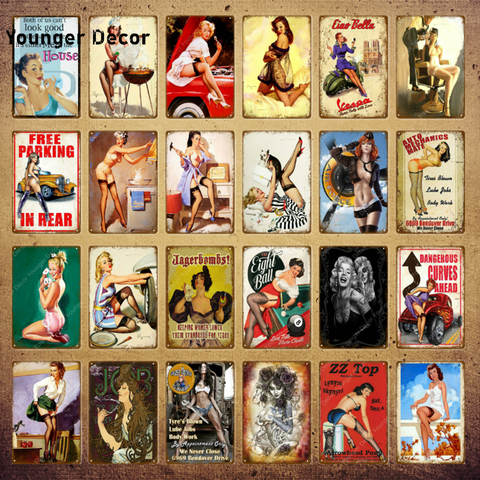 Vintage Retro Sexy Lady Pin Up Girl Painting Tin Signs Metal Poster Wall Sticker Bar Coffee House Club Home Decor YI-076 ► Photo 1/6