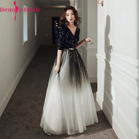 Fashion Evening Dresses Long Simple A-Line V Neck Half Sleeve Tulle Elegant Formal Party Dresses with Sashes Real Photo ► Photo 1/5