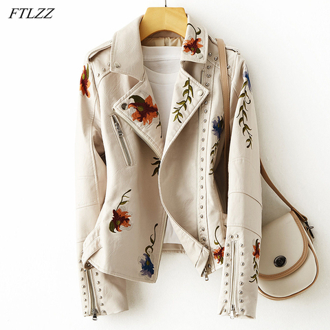 FTLZZ New Women Retro Floral Print Embroidery Faux Soft Leather Jacket Coat Turndown Collar Pu Moto Biker Black Punk Outerwear ► Photo 1/6