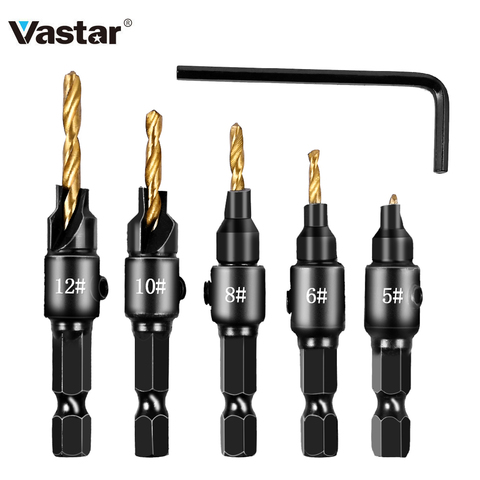 Vastar 5pcs Countersink Drill Woodworking Drill Bit Set Drilling Pilot Holes For Screw Sizes #5 #6 #8 #10 #12 ► Photo 1/6