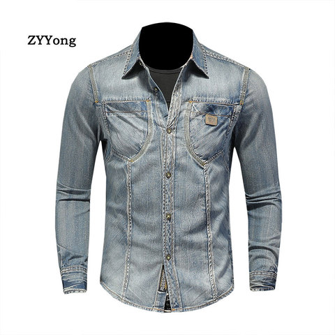 ZYYong New Fashion Lapel Long Sleeve Men's Denim Shirt Retro Slim Blue Motorcycle Style Streetwear Leisure Thin Coat ► Photo 1/6