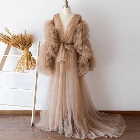 See Thru Champagne Tulle Maternity Women Dresses Ruffles Tiered Long Sleeves Full Sleeves Tulle Robe Women Dress Bridal Robe ► Photo 1/6