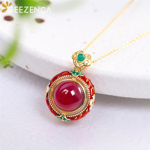 Vintage 925 Sterling Silver Thai Red Corundum Enamel Gemstone Pendant For Women Ethnic Cloisonne Necklace Pendants Without Chain ► Photo 1/6