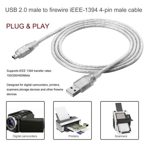 1.2m USB 2.0 to iEEE-1394 Cable Adapter USB Male To Firewire iEEE 1394 4 Pin Male iLink Cable Male To Male Cable Flexible Cable ► Photo 1/6