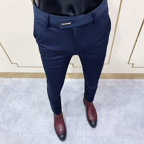 Chic Striped Navy Blue Pants Men Elegant Slim Fit Tight-ankle Suit Trousers Pants For Men Office Party Trousers Mens Dress Pants ► Photo 1/6