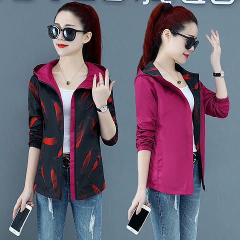 2022 Spring Autumn Thin Women Jacket Pocket Zipper Jackets Causal Hooded Windbreaker Two Side Wear Basic Coat Plus Size 4XL P562 ► Photo 1/6