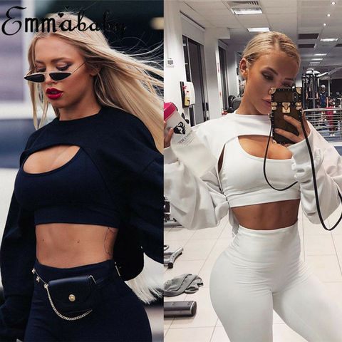 Women's Hoodie Sweatshirt Jumper Crop top Hollow out Long Sleeve Hoodie  Gym Sports Pullover Streetwear  Womens Tops ► Photo 1/6