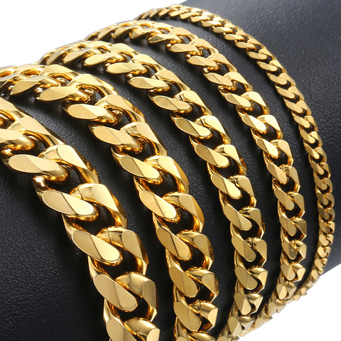 Davieslee Mens Bracelet Chain Polished Stainless Steel Silver Color Gold Chains Bracelet for Men Cuban Link 3/5/7/9/11mm KBM218 ► Photo 1/6