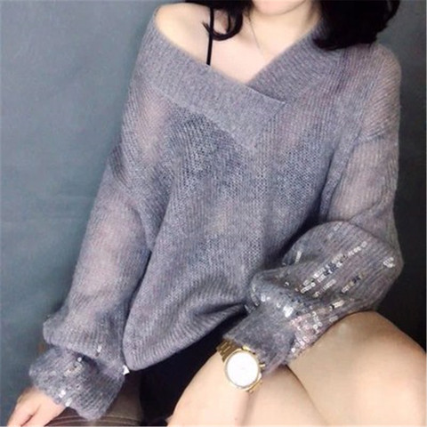 Women Sweater Mohair Thin Knitwear 2022 New V-Neck Long Sleeve Sequins Knitted Pullover Transparent Tops Jumpers PZ2592 ► Photo 1/6