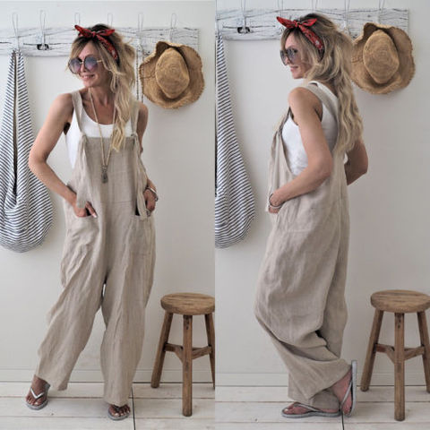 Rompers 2022 New Brand Women Casual Loose Cotton Linen Solid Pockets Jumpsuit Overalls Wide Leg Cropped Pants hot ► Photo 1/5