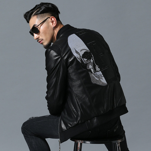 2022 Skull Rhinestones PU Jackets Men High Street Style Stand-Neck Sudaderas Hombre Rib Sleeve Streetwear Mens Jackets and Coats ► Photo 1/5