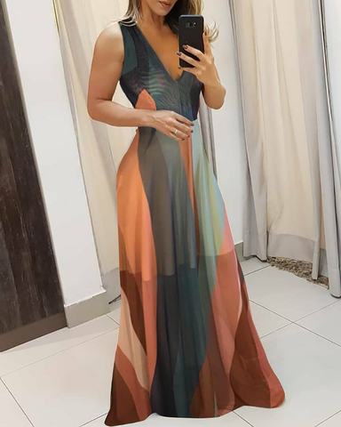 2022Summer Women Sleeveless Elegant Fashion Party Dresses Vacation Holiday Colorblock Plunge Sleeveless Maxi Dress ► Photo 1/2