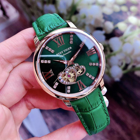 Reef Tiger/RT 2022 New Design Fashion Ladies Watch Rose Gold Green Dial Mechanical Watch Leather Band Montre Femme RGA1580 ► Photo 1/1