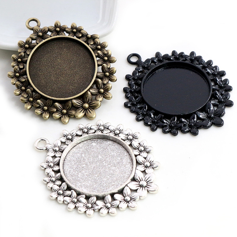 5pcs 25mm Inner Size Antique Silver Plated Bronze And Black Flowers Style Cabochon Base Setting Charms Pendant ► Photo 1/6