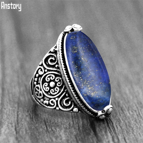 Irregular Lapis Lazuli Rings Flower Band Natural Stone Antique Silver Plated Fashion Jewelry TR664 ► Photo 1/6