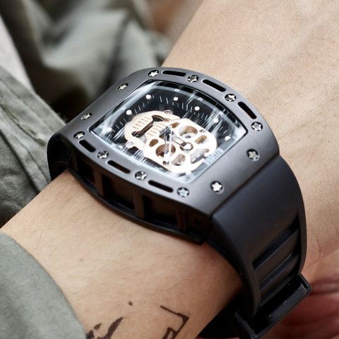 BAOGELA Men's Fashion Premium Quartz Watches Skeleton Skull Analogue Sports Wristwatch for Man Silicone Strap 1612-Black-rose ► Photo 1/6