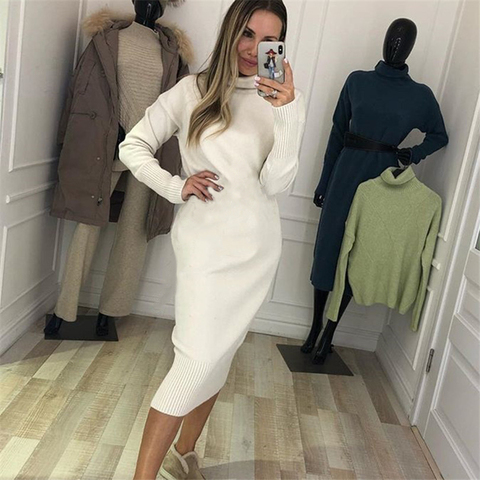 TYHRU Autumn Women's Knit Dresses Fashion Solid Color High Collar Pullover Long Sleeve Knitted Dress ► Photo 1/6