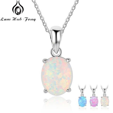 Women 925 Sterling Silver Pendant Necklaces Created Oval White Pink Blue Opal Necklace Birthday Gifts for Wife (Lam Hub Fong) ► Photo 1/6