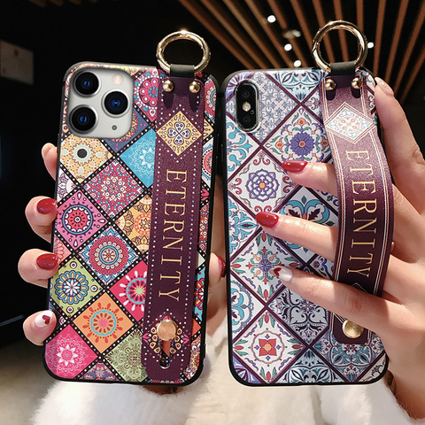 Wrist Strap Soft TPU Cases For iPhone 11 12 pro max 6 7 8 Plus X XR Xs SE 2022 Vintage Lattice Flower Pattern Phone Holder Cover ► Photo 1/6